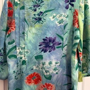 Floral Pastel Kimono Jacket in Aqua with Purple & Coral Blooms